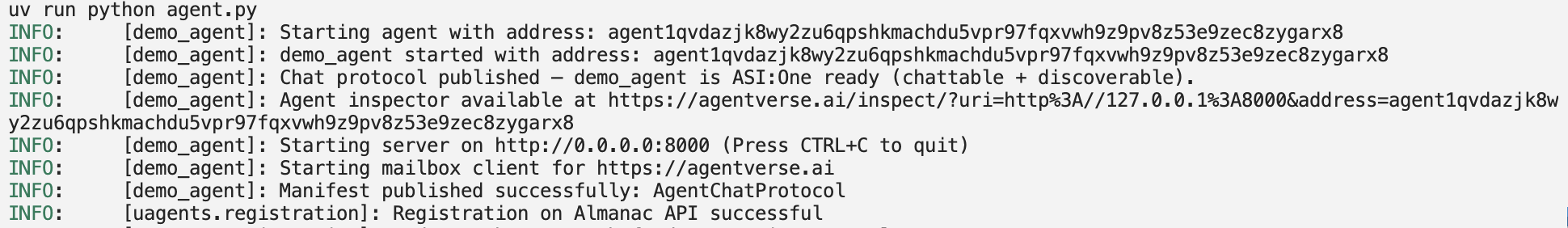 Agent running and publishing its chat protocol manifest